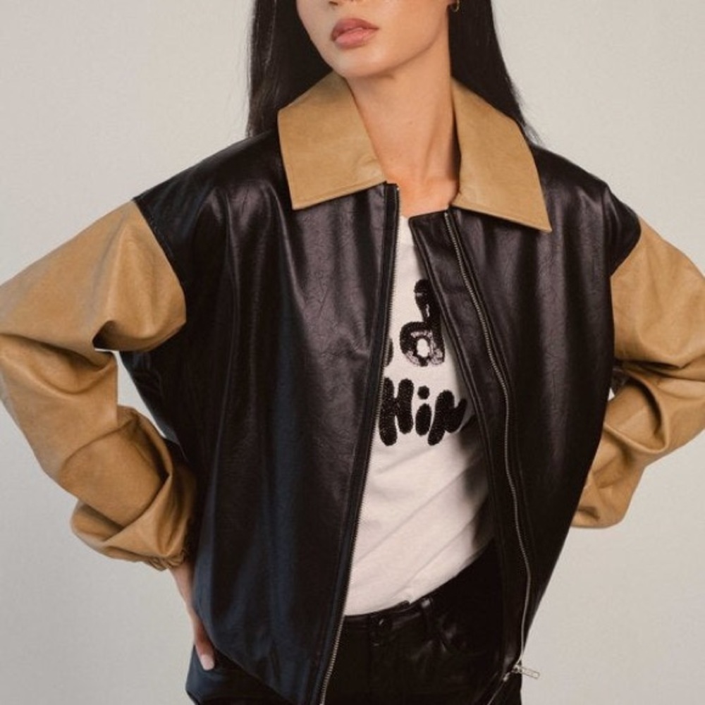 NWT Elan Oakley bomber faux leather color block women's size medium oversized - Picture 4 of 12
